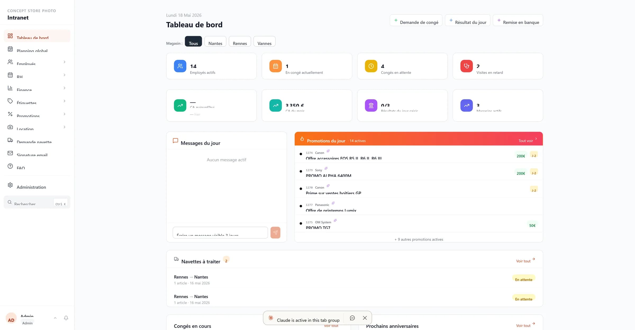 Tableau de bord, vue d'ensemble multi-magasins