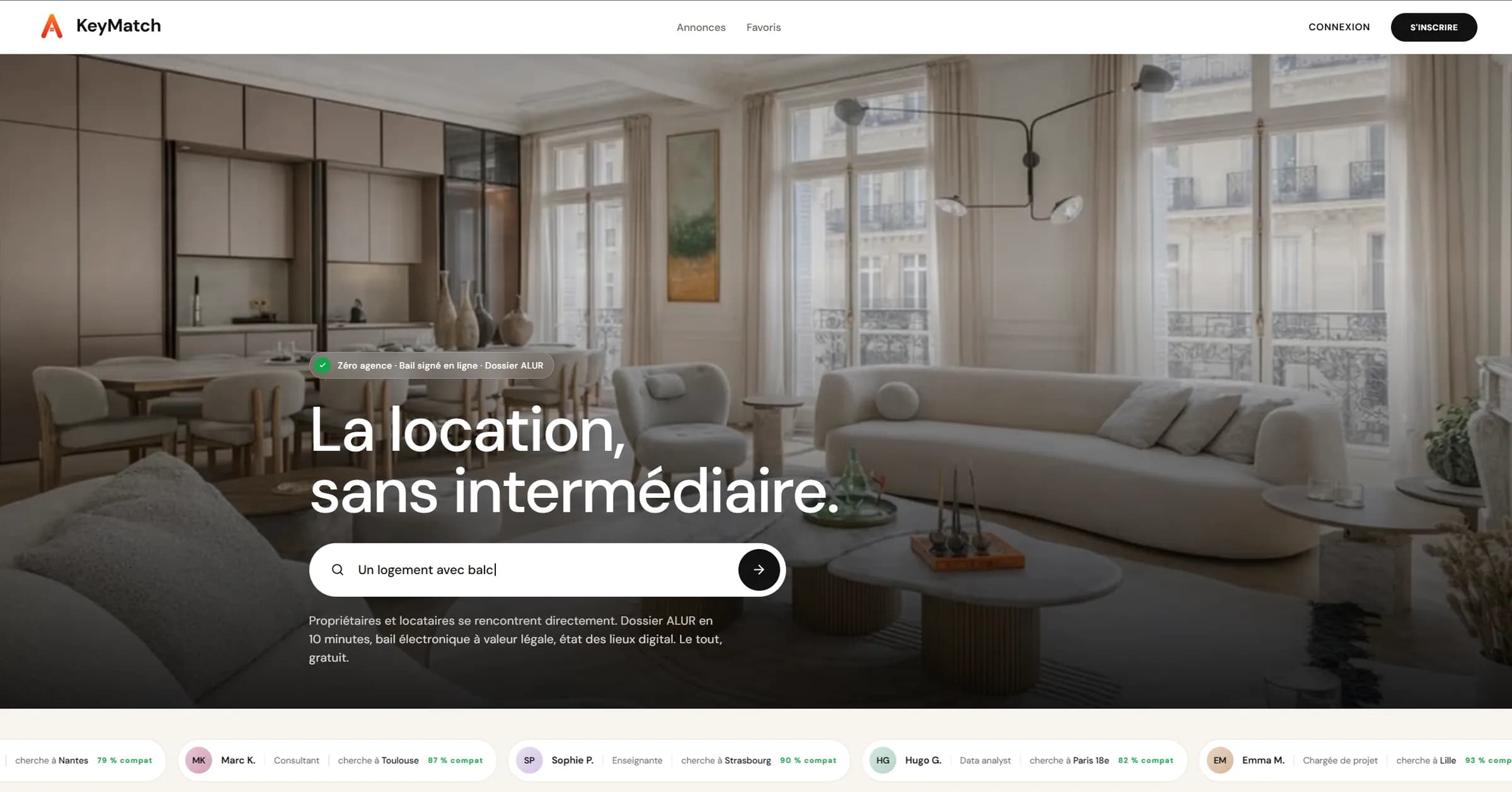 Page d'accueil de KeyMatch, plateforme de location sans intermédiaire