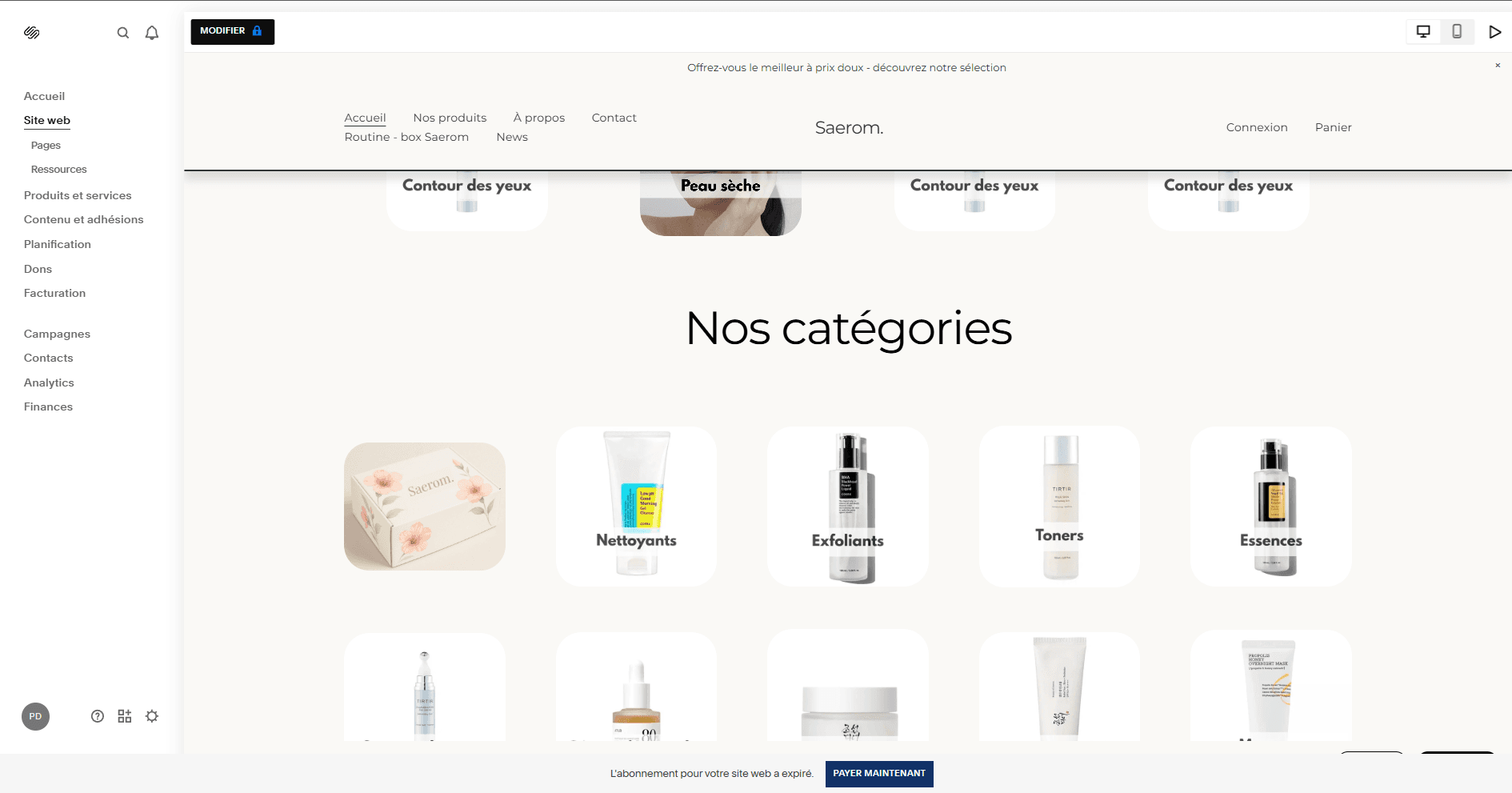 Captures du site Saerom, projet K-beauty en cours, capture 1 sur 5